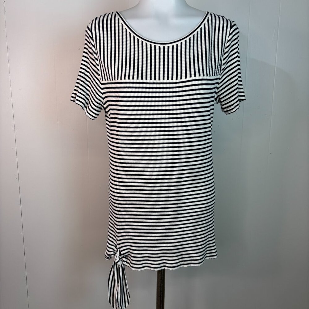 Talbots Knit Top Medium Striped‎ Navy Blue Ribbed Knit Stretch Tie-Hem Shirt